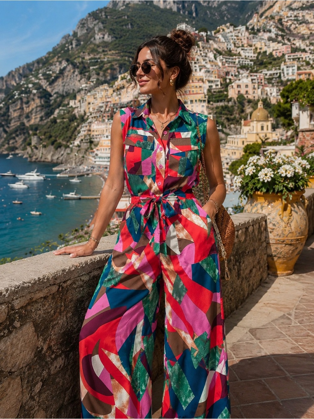 Colorful Abstract Print Wide Leg Jumpsuit Belted Resort Vacation M - Picture 6 of 16